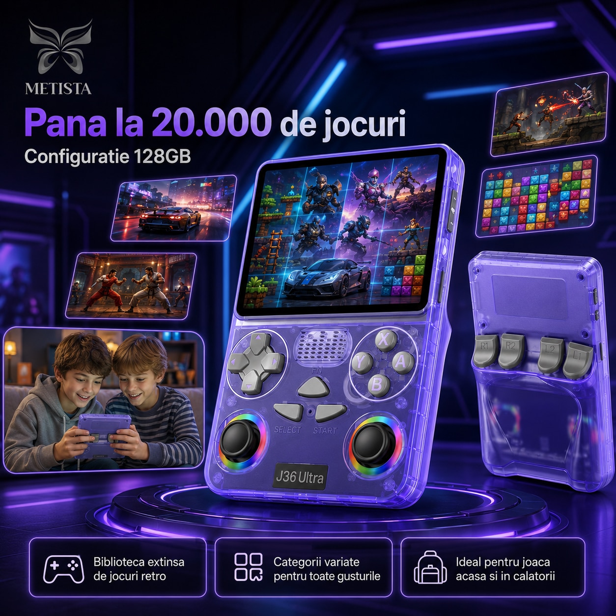 Consola Retro Portabila METISTA® J36 Ultra, 128GB, Pana la 20.000 Jocuri, Ecran IPS 3.5 inch 640x480, Procesor Octa-Core ARM Cortex-A7, Wi-Fi, Multiplayer, Dual Joystick RGB, Baterie 3000mAh, Violet