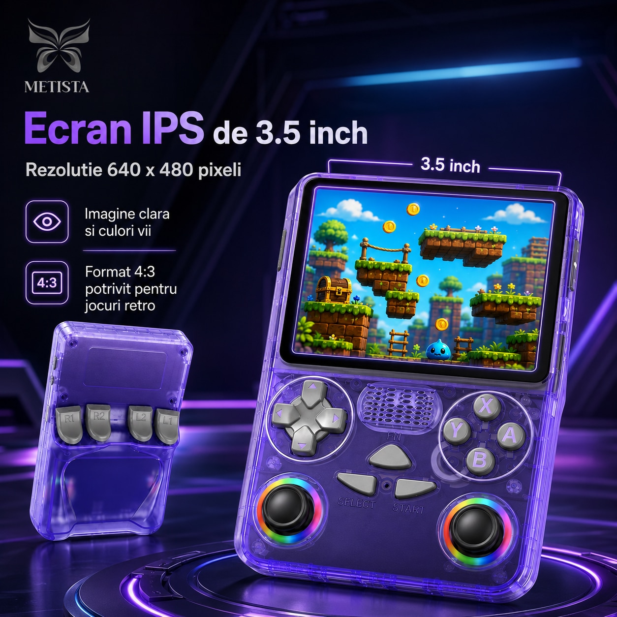 Consola Retro Portabila METISTA® J36 Ultra, 128GB, Pana la 20.000 Jocuri, Ecran IPS 3.5 inch 640x480, Procesor Octa-Core ARM Cortex-A7, Wi-Fi, Multiplayer, Dual Joystick RGB, Baterie 3000mAh, Violet