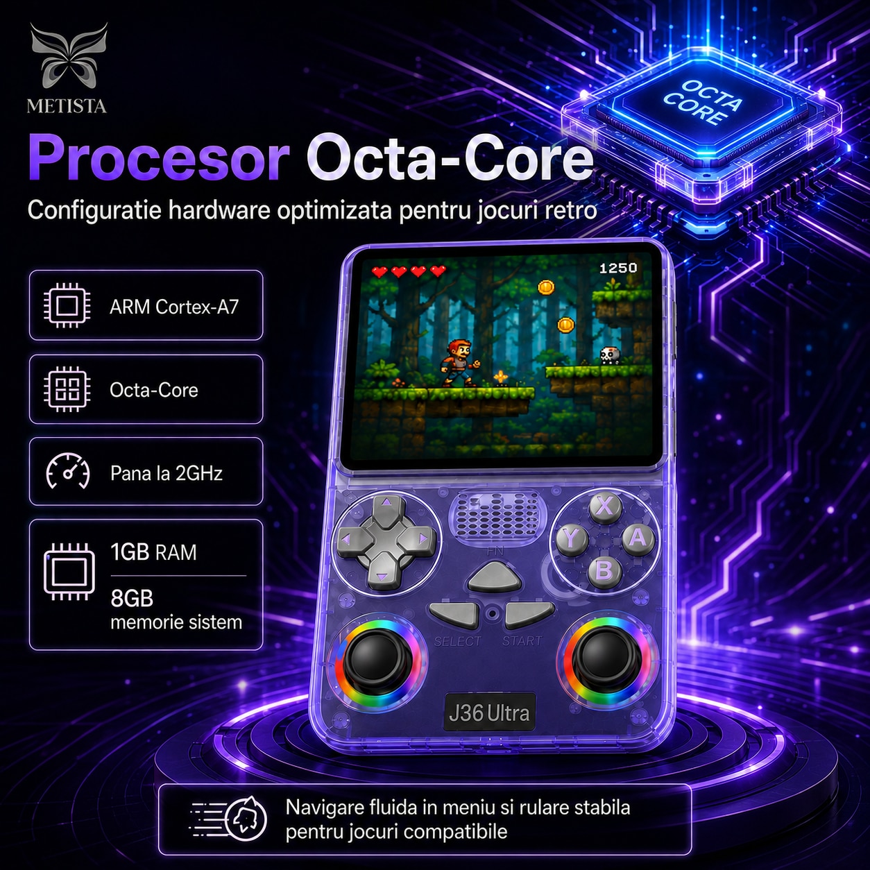 Consola Retro Portabila METISTA® J36 Ultra, 128GB, Pana la 20.000 Jocuri, Ecran IPS 3.5 inch 640x480, Procesor Octa-Core ARM Cortex-A7, Wi-Fi, Multiplayer, Dual Joystick RGB, Baterie 3000mAh, Violet