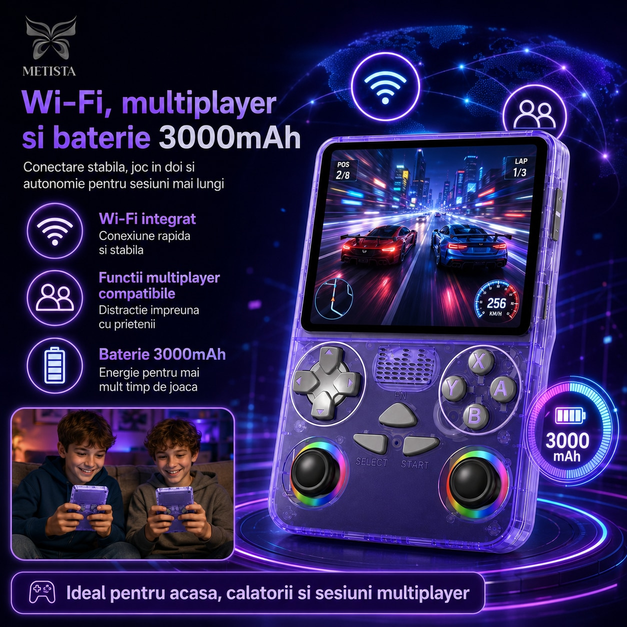 Consola Retro Portabila METISTA® J36 Ultra, 128GB, Pana la 20.000 Jocuri, Ecran IPS 3.5 inch 640x480, Procesor Octa-Core ARM Cortex-A7, Wi-Fi, Multiplayer, Dual Joystick RGB, Baterie 3000mAh, Violet