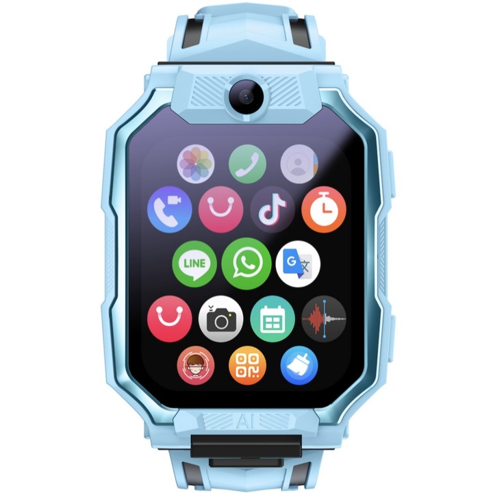 Ceas inteligent pentru copii, cu doua camere, apeluri video, localizare GPS, recunoastere vocala, rezistent la apa, albastru