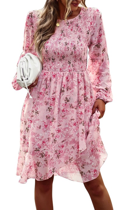 Rochie casual roz maneca lunga din poliester