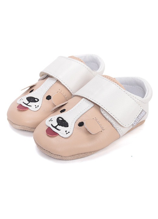 Papuci de interior baieti talpa piele velcro, catei, 18-23 - caine crem/alb / M/20-21