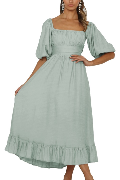 Rochie verde cu talie inalta guler patrat si spate decupat