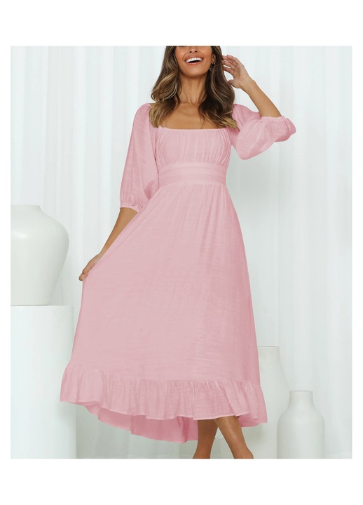 Rochie dama, volane la tiv, roz, cambrata, maneci bufante scurte