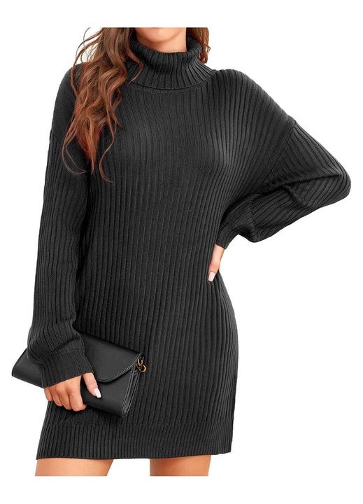 Rochie pulover tricotata casual maneca lunga, Negru