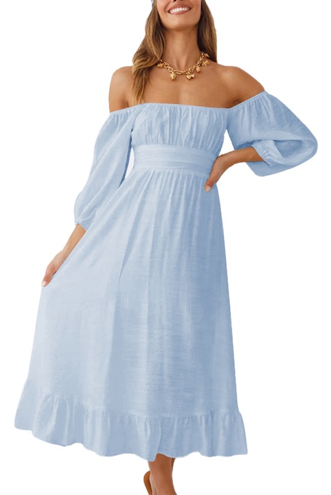 Rochie dama albastru deschis volane tiv guler patrat maneci bufante scurte