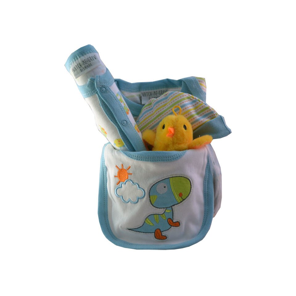 Compleu 5 Piese 0-3 luni + Jucari din Plus + Cos cadou din bamboo