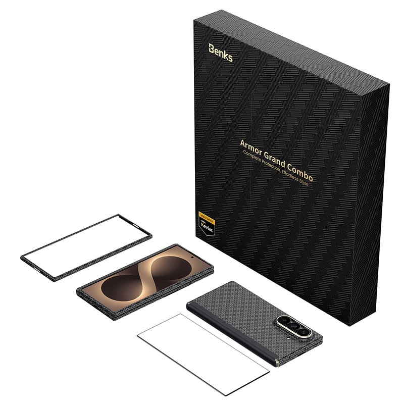 Kit protectie 2 in 1 Benks Magnetic Armor Grid Air Grand Combo, Carcasa cu fibra Kevlar si Folie sticla securizata GlassWarrior, compatibil cu Samsung Galaxy Z Fold 8 Ultra, Negru