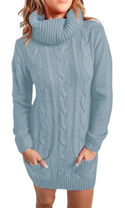 Rochie tricotata albastru deschis casual guler inalt maneca lunga