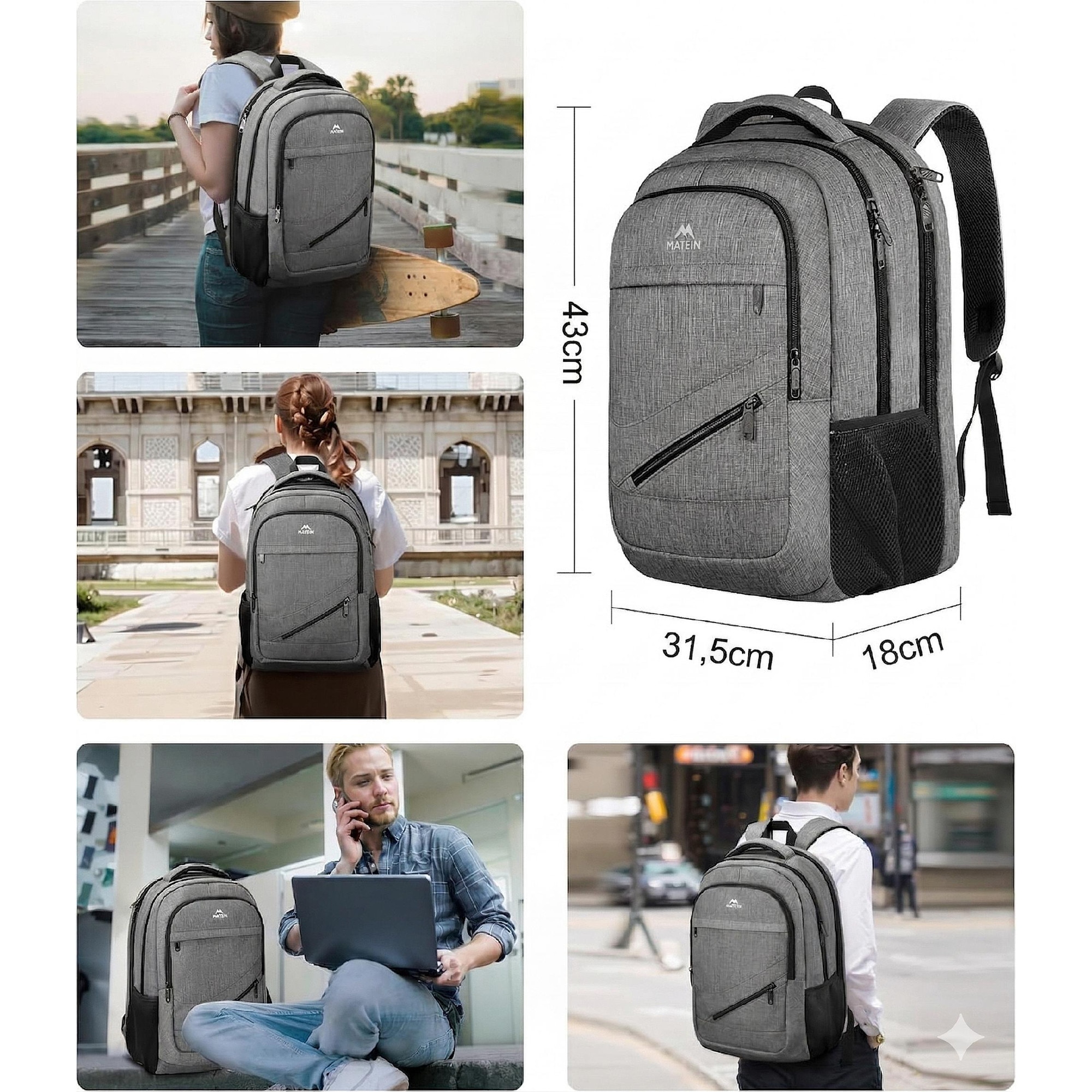 Rucsac Matein 1035, 3 compartimente, USB, gri, 43x31.5x18cm