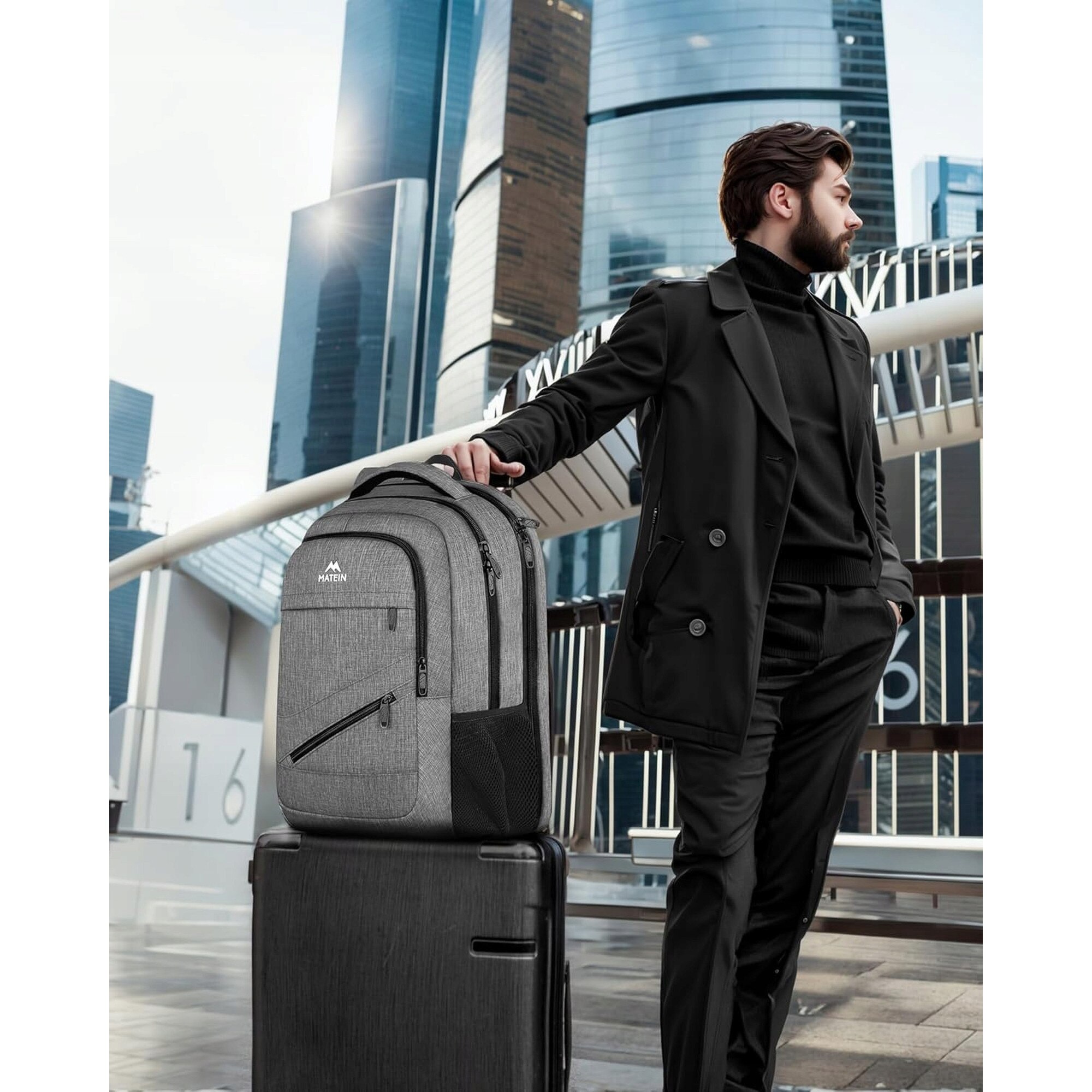 Rucsac Matein 1035, 3 compartimente, USB, gri, 43x31.5x18cm