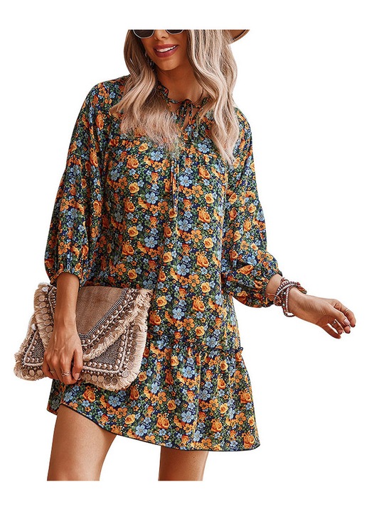 Rochie casual multicolor imprimeu floral maneca trei sferturi