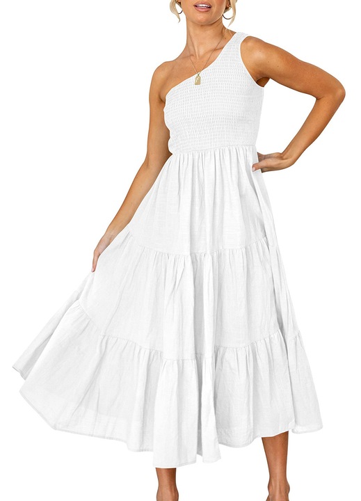 Rochie maxi alba eleganta fara maneci cu volane