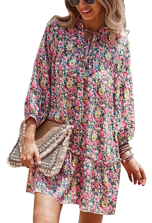 Rochie casual multicolor cu imprimeu floral maneca trei sferturi tiv cu volane