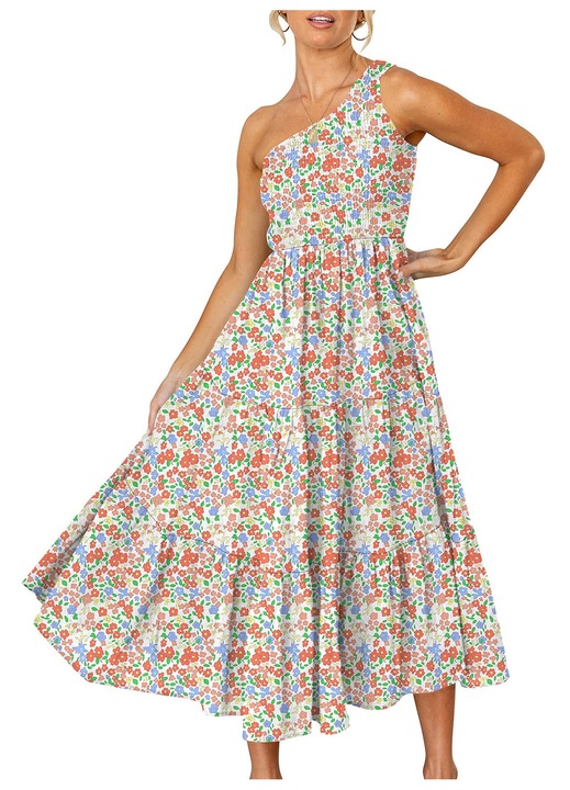 Rochie maxi ocazie floral multicolor fara maneci evazata