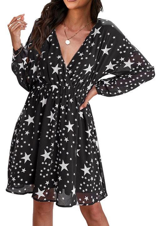 Rochie, imprimeu stele, maneca lunga, talie elastica, negru alb, poliester