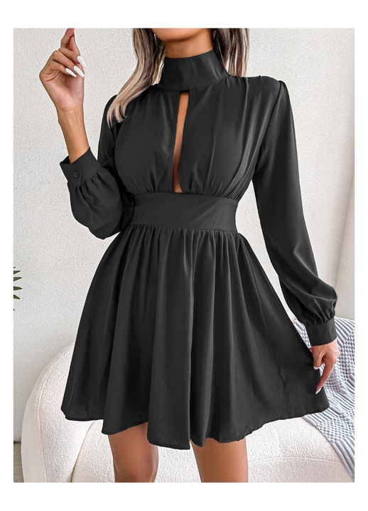 Rochie mini plisata cu maneca lunga si decupaj negru