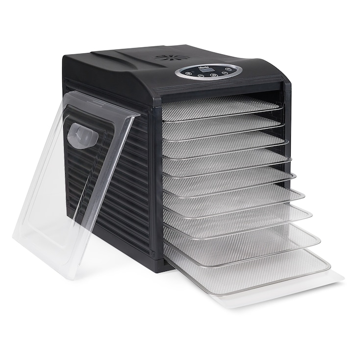 Deshidrator digital cu 9 tavi din inox si 9 tavi cu grilaj marunt, 600W, Negru, cu termostat si programare 48 de ore