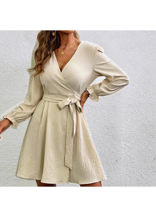 Rochie dama, maneci bufante, bej, poliester