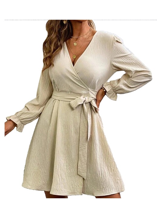 Rochie dama, maneci bufante, bej, poliester