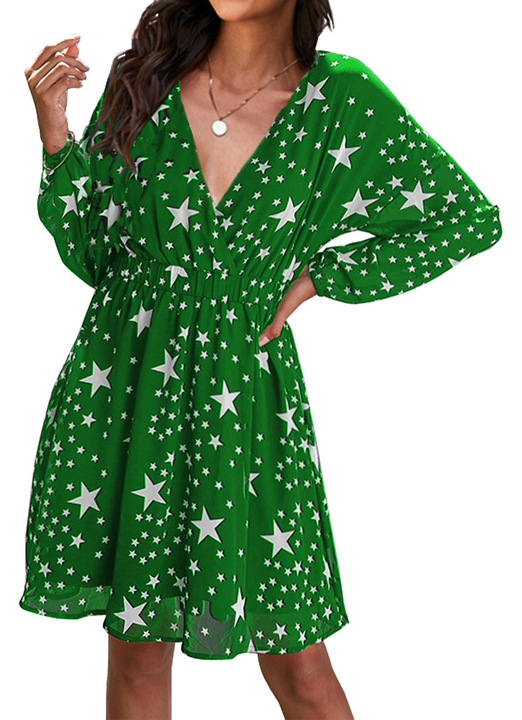 Rochie casual verde alb poliester maneca lunga croiala lejera