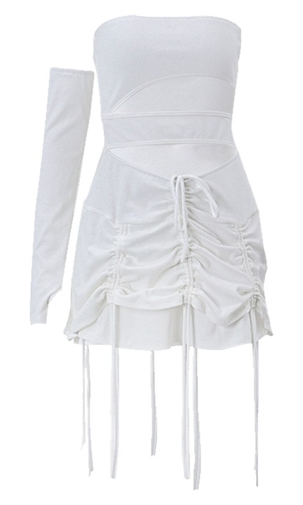 Rochie eleganta slim alba maneca unica snur