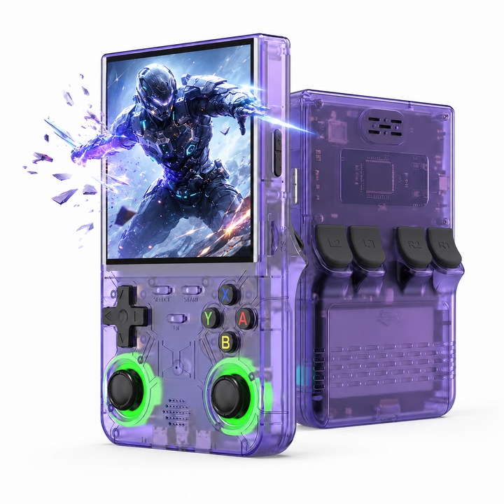 Consola Retro Portabila METISTA® R36 Ultra, 128GB, Pana la 40000 Jocuri, Ecran IPS 4 inch 720x720, Wi-Fi, Procesor RK3326 1.5GHz, Linux, Dual Joystick 3D RGB, USB-C, Mov Transparent
