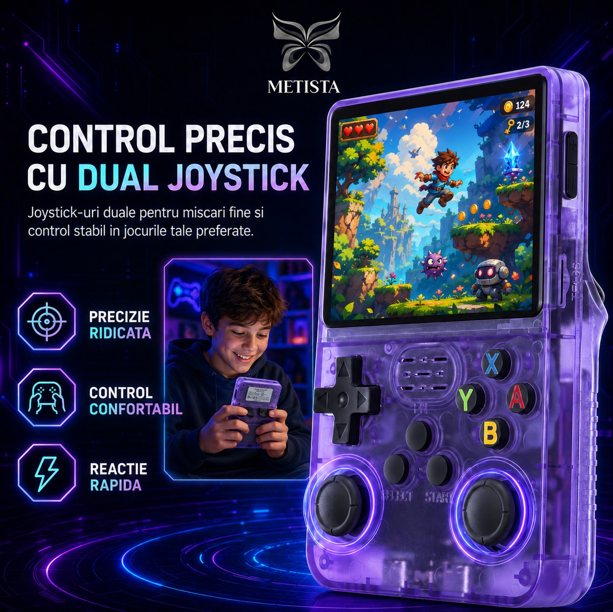 Consola portabila retro METISTA® R36S, card MicroSD 128GB, pana la 20000 jocuri, ecran IPS 3.5 inch 640x480, sistem Linux, dual joystick, baterie 3200 mAh, violet transparent
