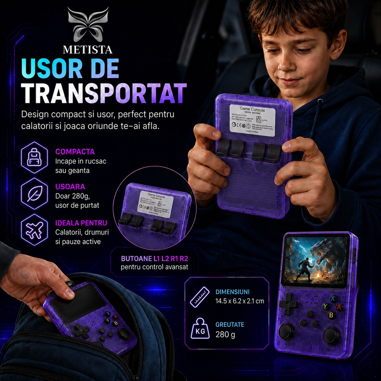 Consola portabila retro METISTA® R36S, card MicroSD 128GB, pana la 20000 jocuri, ecran IPS 3.5 inch 640x480, sistem Linux, dual joystick, baterie 3200 mAh, violet transparent