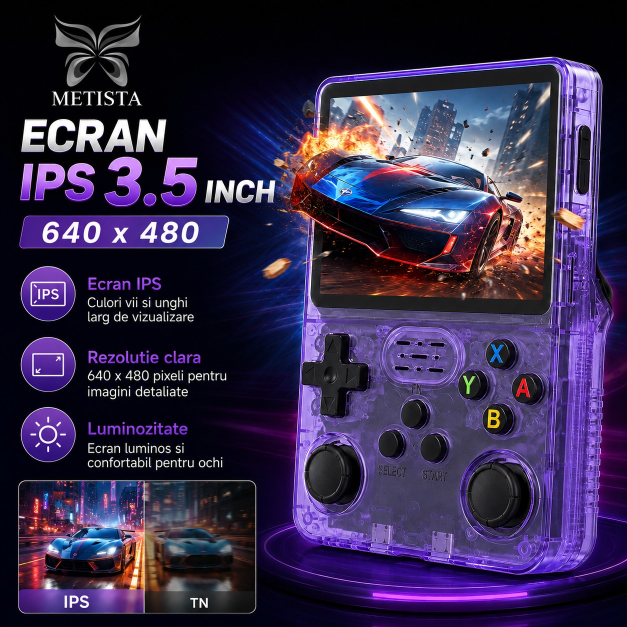 Consola portabila retro METISTA® R36S, card MicroSD 128GB, pana la 20000 jocuri, ecran IPS 3.5 inch 640x480, sistem Linux, dual joystick, baterie 3200 mAh, violet transparent
