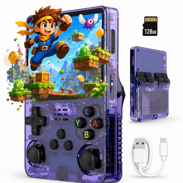 Consola portabila retro METISTA® R36S, card MicroSD 128GB, pana la 20000 jocuri, ecran IPS 3.5 inch 640x480, sistem Linux, dual joystick, baterie 3200 mAh, violet transparent