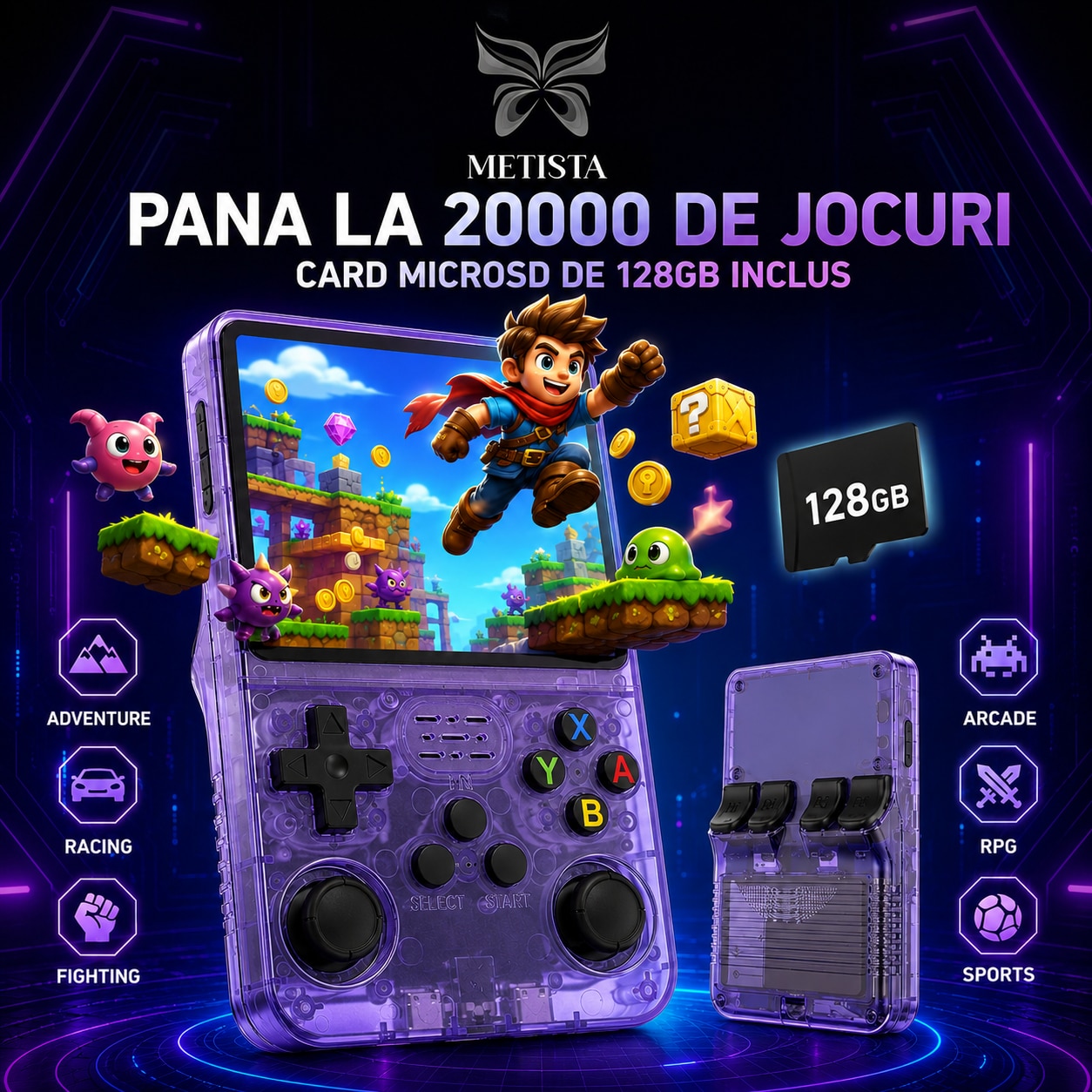Consola portabila retro METISTA® R36S, card MicroSD 128GB, pana la 20000 jocuri, ecran IPS 3.5 inch 640x480, sistem Linux, dual joystick, baterie 3200 mAh, violet transparent