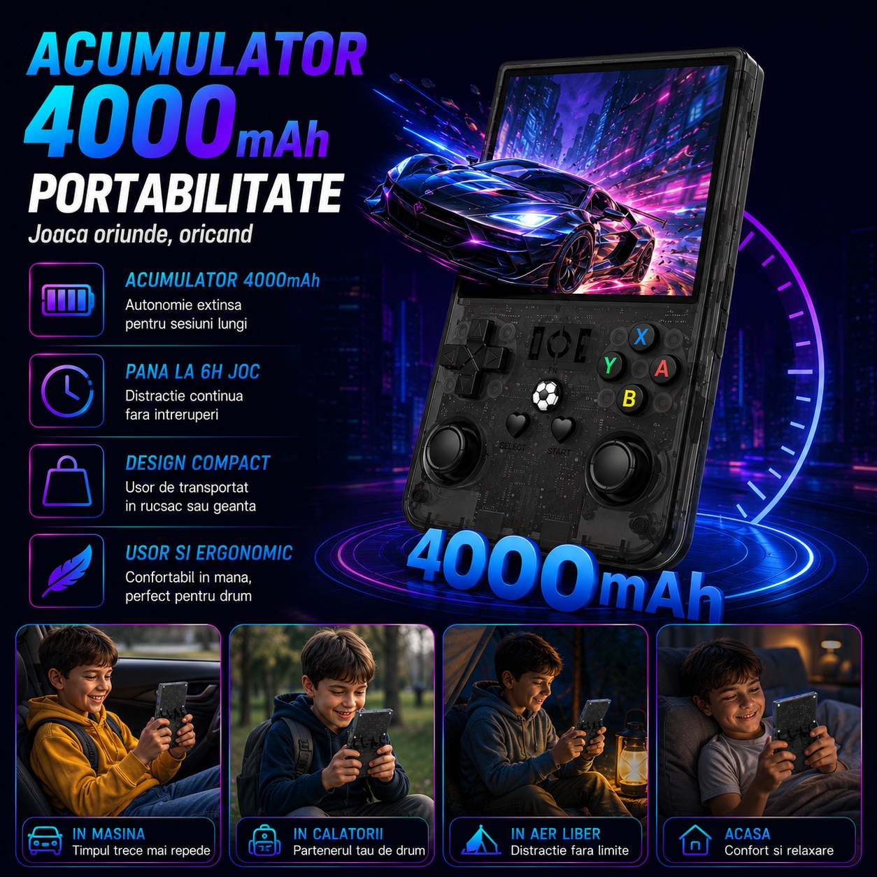Consola retro portabila METISTA® R36 MAX, card MicroSD 128GB inclus, 25000 jocuri, ecran IPS 4 inch 720x720, sistem Linux, procesor RK3326, 1GB RAM, Dual Hall Joystick, baterie 4000mAh