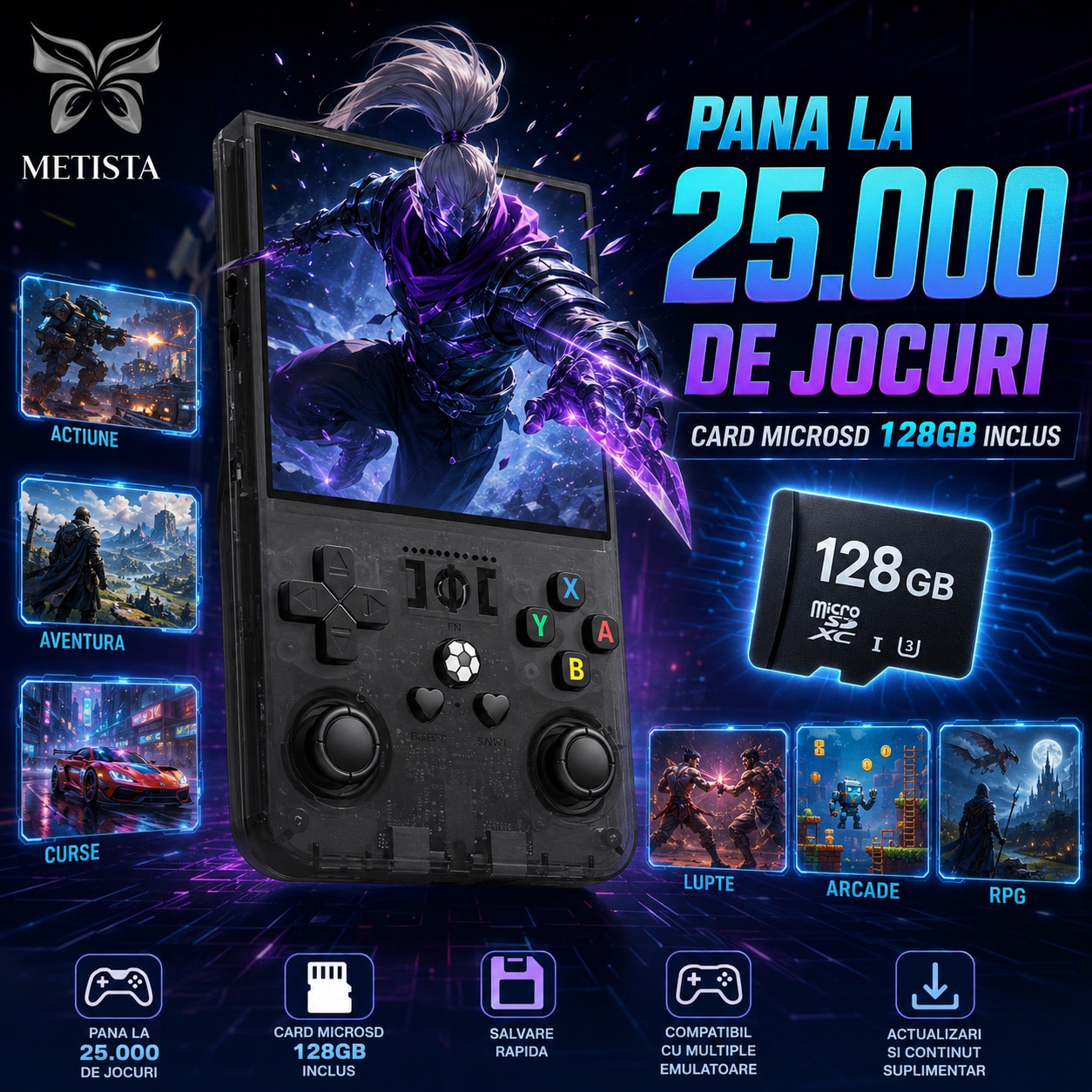 Consola retro portabila METISTA® R36 MAX, card MicroSD 128GB inclus, 25000 jocuri, ecran IPS 4 inch 720x720, sistem Linux, procesor RK3326, 1GB RAM, Dual Hall Joystick, baterie 4000mAh