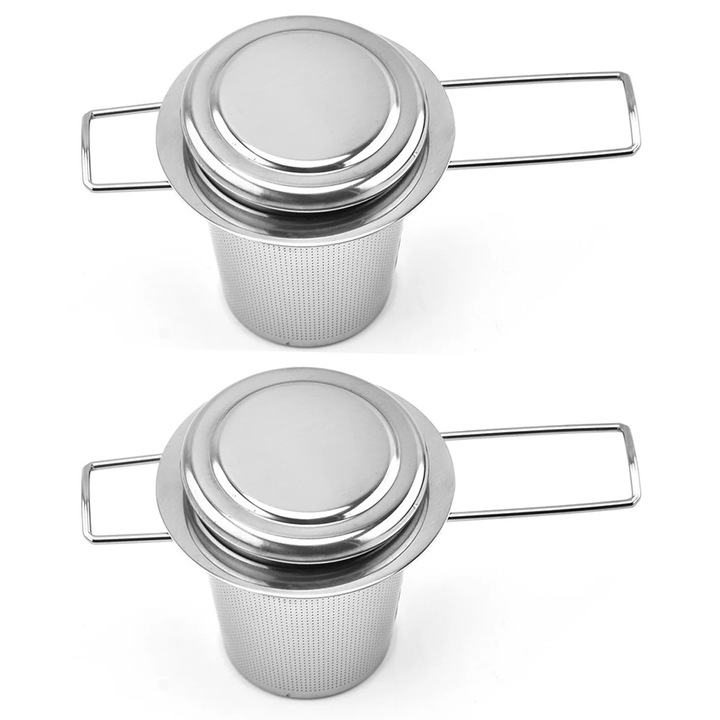 Strecuratoare ceai, YANYXR, inox, cu maner dublu si capac, argintiu, 14.5x7.5x7.8cm, set 2 buc