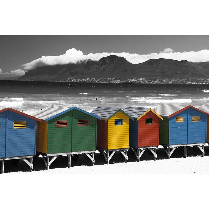 Tablou grand canvas "Beach huts with Black and White mountain" - 100 x 70 cm