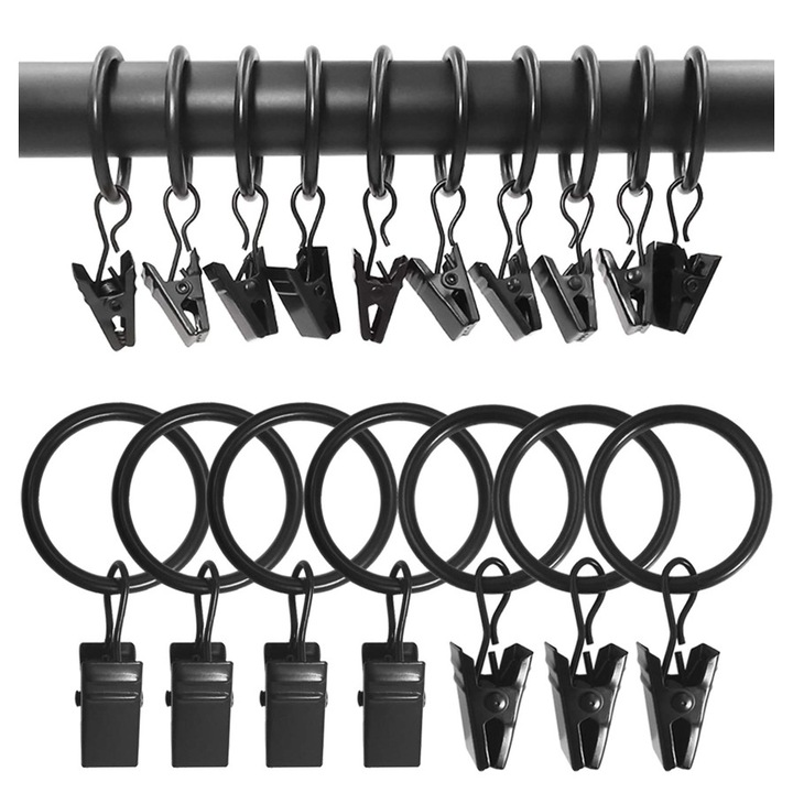 Inele metalice pentru perdea, set 100 bucati, negre, 3.8x3.8cm