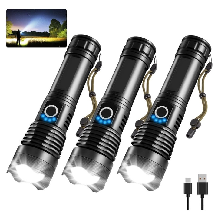 Lanterna tactica ZYBLSSBB set 3 bucati, 5 moduri, reglabila, incarcabila, negru