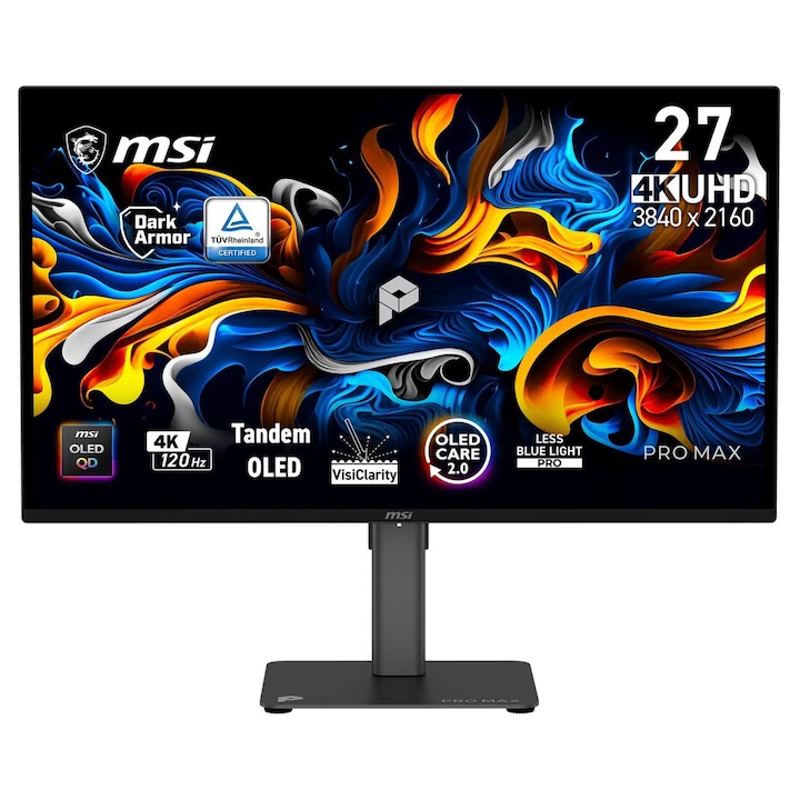 Monitor QD-OLED MSI 26.5'' PRO MAX 271UPX12G UHD (3840 x 2160) HDMI DisplayPort Boxe Pivot 120 Hz 0.03 ms (Negru)