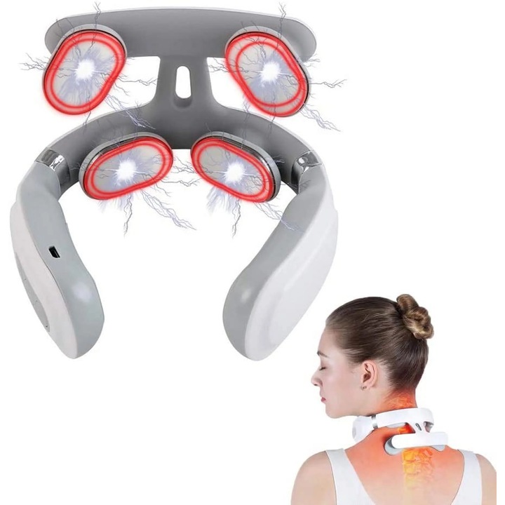 YANYXR BCS3233918 nyakmasszírozó készülék, elektro-impulzus (EMS) masszázs 4 fém elektródával és állandó 42°C-os fűtéssel, vezeték nélküli USB újratölthető, 15 perc automatikus kikapcsolás, fehér/szürke