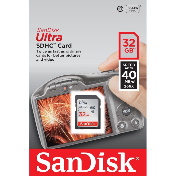 Карта памет SanDisk Ultra SD, SDHC, UHS-I, 32 GB, Черен