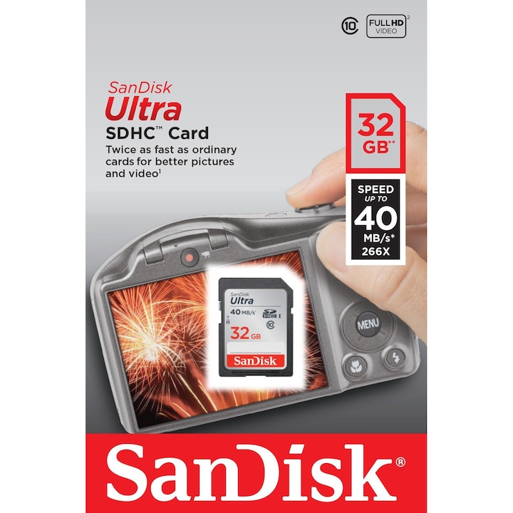 Карта памет SanDisk Ultra SD, SDHC, UHS-I, 32 GB, Черен