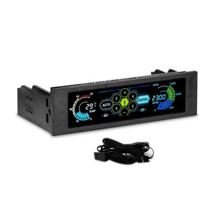 Контролер за вентилатори за компютър FRU-CJK0424-260710-1132, 5,25 инчов LCD тъчскрийн, 5-канален контрол, дисплей за скорост (RPM) и температура, захранване DC 5-12V, черен