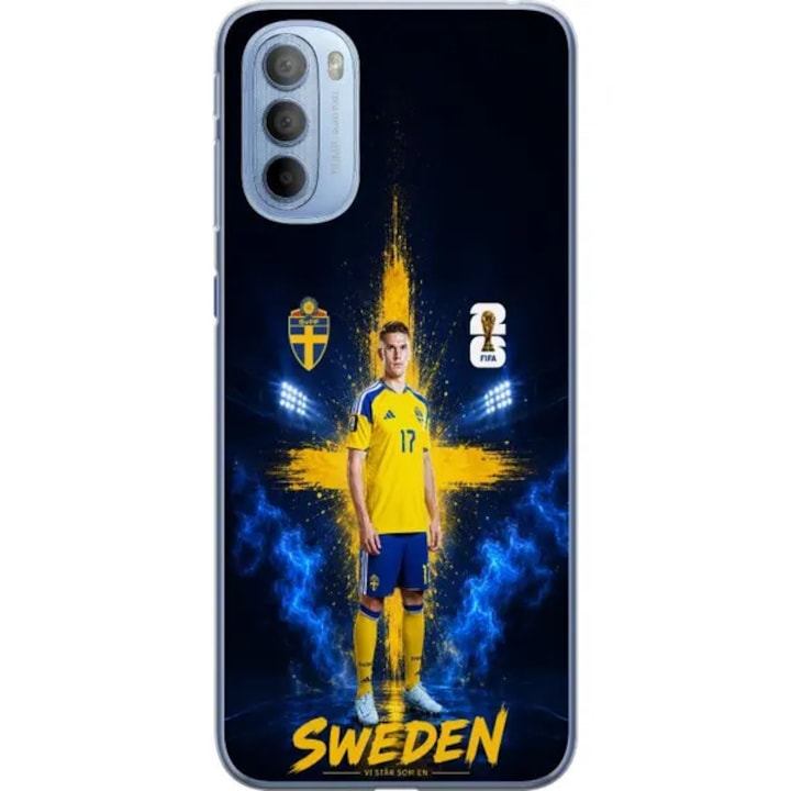 Husa transparenta TPU pentru Motorola Moto G31 PRE-CJk0515-26-0731-3026, design Jens Cajuste cu steagul Suediei si stadion, compatibila cu incarcare wireless, albastru/galben