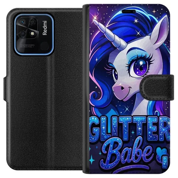 Husa portofel pentru Xiaomi Redmi 10C PRE-CJk0515-26-0731-3883, design unicorn cu manera sclipitoare si text „Glitter Babe”, multicolor