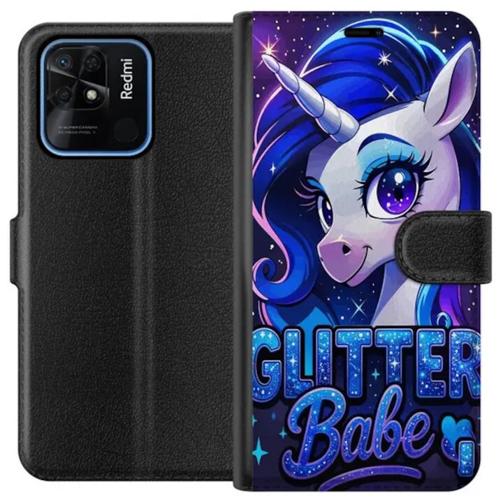 Husa portofel pentru Xiaomi Redmi 10C PRE-CJk0515-26-0731-3883, design unicorn cu manera sclipitoare si text „Glitter Babe”, multicolor