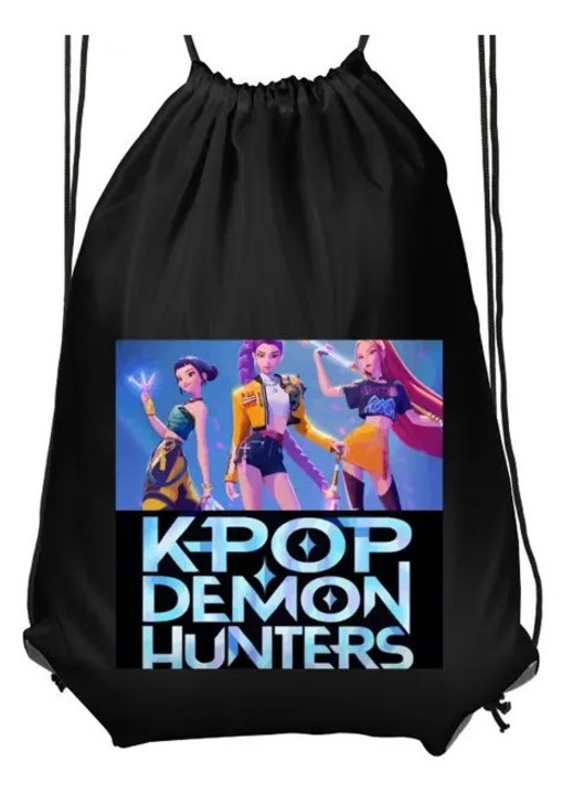 Торбичка с връзки за деца, K-Pop Demon Hunters принт в аниме стил, черна