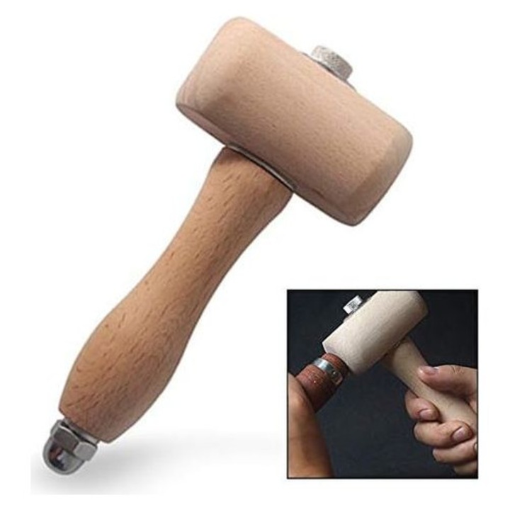 Ciocan de lemn pentru piele MIGJJ-081105247, din fag, cap rotund, maner ergonomic, rezistent la impact, natural