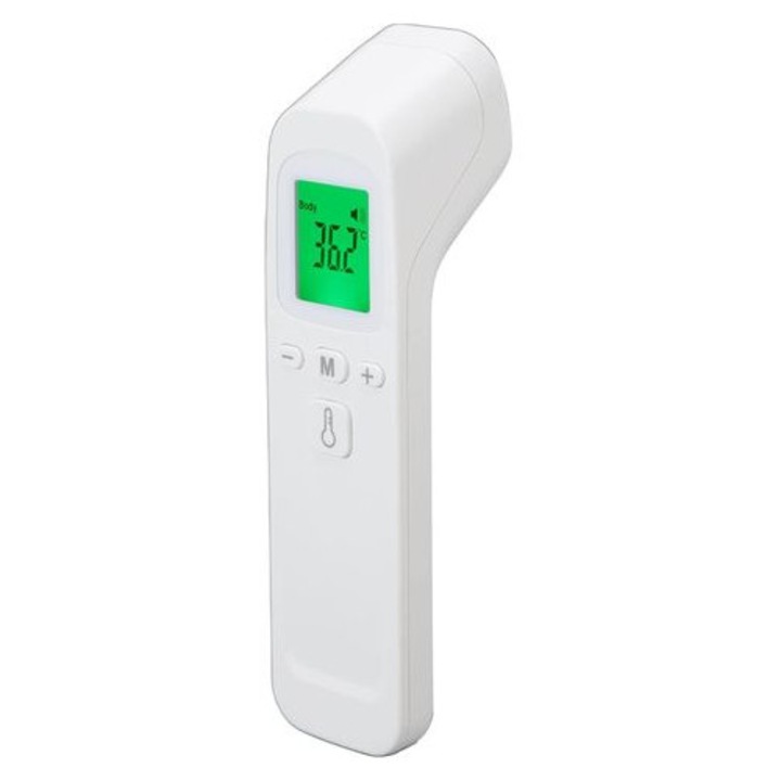 MIGJJ-081105139 érintés nélküli hőmérő, infravörös homlokhőmérő, 3 színű LCD kijelző, 32 mérés memória, 1 mp mérési idő, fehér